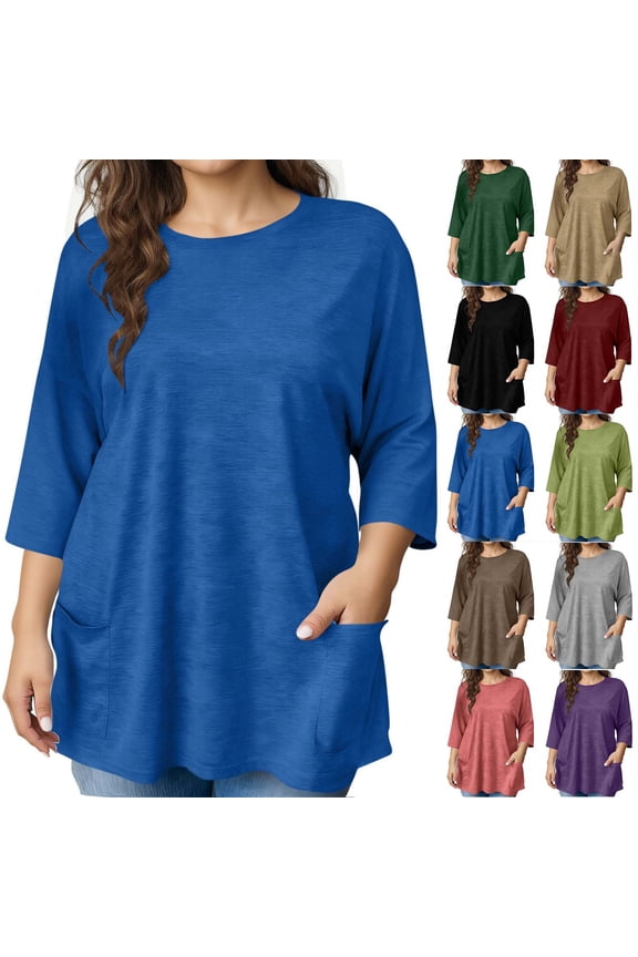 Shirt's for Women Fashion Women's Summer 3/4 Sleeve Solid Round Neck Blouses Pocket Summer Holiday Beach Fashion Plus Size Tops