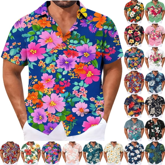 Lenago Shirts for Men Hawaiian Shirt Print Button Up Collar Beach Printed Tropical Beach Shirt Casual Button Down Short Sleeve Floral Shirts Tops