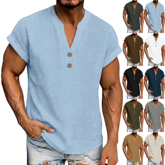 Lenago Shirts for Men Solid Color Short Sleeve Shirts Button V Neck Basic Tees Summer Lightweight Top