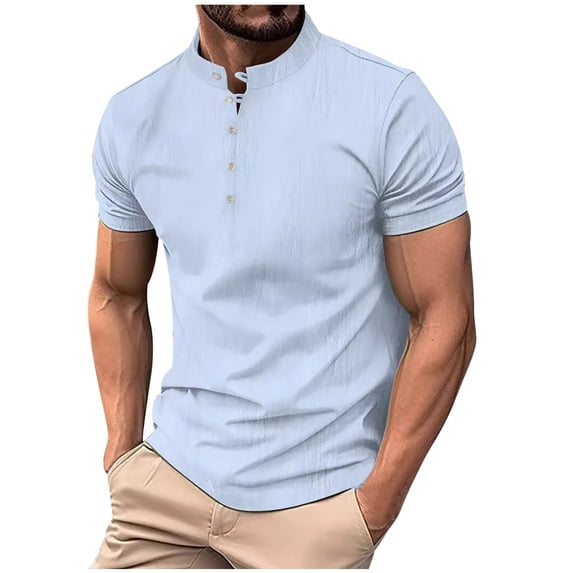 Lenago Shirts for Men Solid Color Zipper Casual Short Sleeve Turndown Collar Pocket Buttons Blouse Shirt