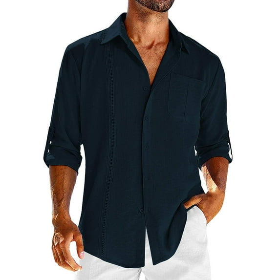 Lenago Shirts for Men Vintage Casual Pocket Solid Color Button Lapel Long Sleeve Shirt.