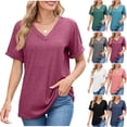 thumbnail image 1 of Lenago Shirts for Women Casual Solid Color Summer V-Neck Short Sleeve Blouses Top, 1 of 6