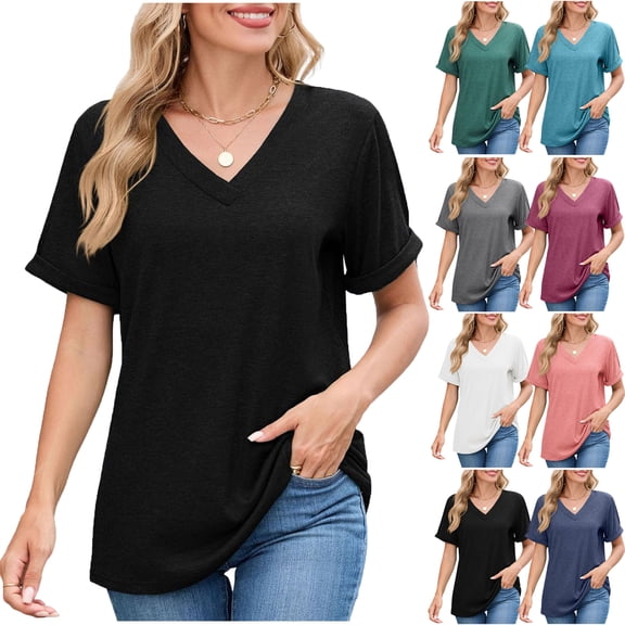 Lenago Shirts for Women Casual Solid Color Summer V-Neck Short Sleeve Blouses Top