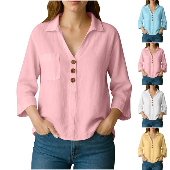 Lenago Shirts for Women V Neck Long Sleeve Button V Neck Shirts Oversized Soli Color Regular Blouses Tops