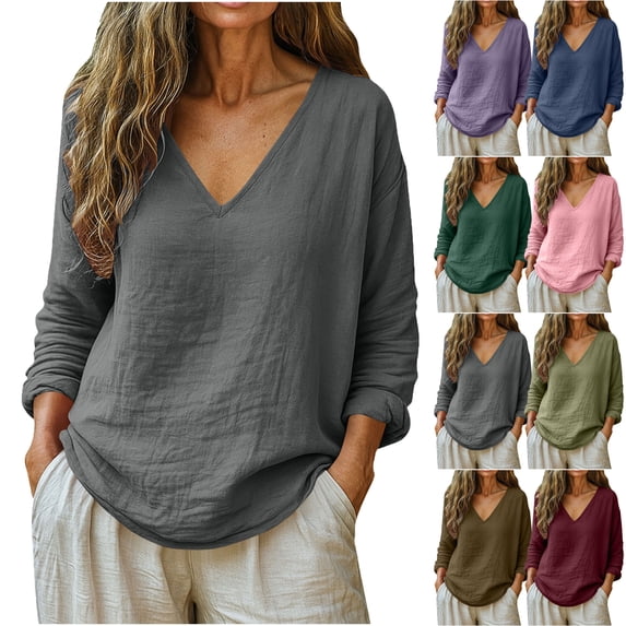 Lenago Shirts for Women V Neck Pullover Top Casual Loose Fitting Fashionable Long Sleeved Shirts Oversized Solid Color Blouses