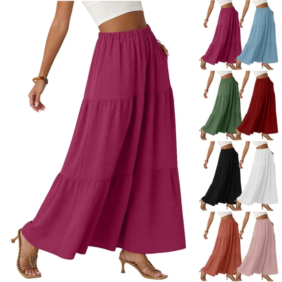 Lenago Skirt for Women Summer Solid Color Casual Long Skirt With High Waist Elegant Pleated Skirt Waist Belt Pocket Skirt