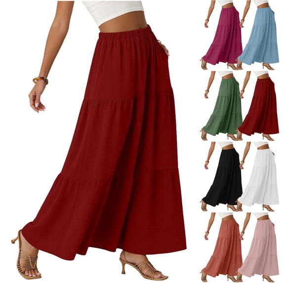 Lenago Skirt for Women Summer Solid Color Casual Long Skirt With High Waist Elegant Pleated Skirt Waist Belt Pocket Skirt