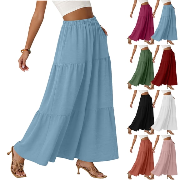 Lenago Skirt for Women Summer Solid Color Casual Long Skirt With High Waist Elegant Pleated Skirt Waist Belt Pocket Skirt