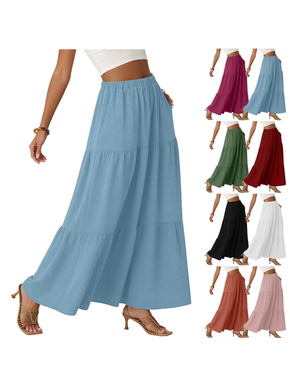 Lenago Skirt for Women Summer Solid Color Casual Long Skirt With High Waist Elegant Pleated Skirt Waist Belt Pocket Skirt