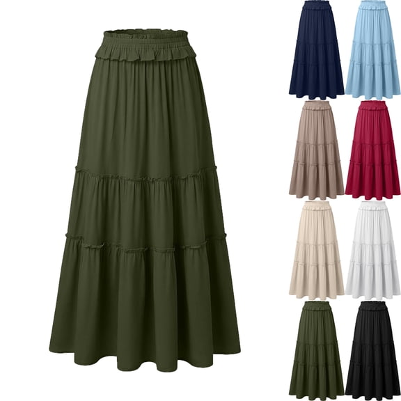 Lenago Skirts for Women Boho Flowy Maxi Skirt Flared Ruffle Elastic Waist Summer Solid Color Long Skirts Drawstring Pocket Elastic Waist Skirt