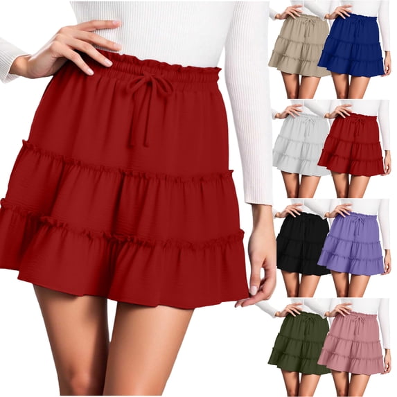 Lenago Skirts for Women Casual Solid Color Elastic Waist Loose Pleated Ruffle Elastic Waist Skirt