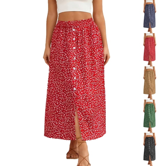 Lenago Skirts for Women Casual Summer Side Slit Button Print Elastic Waist Skirt