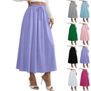Lenago Skirts for Women Summer Solid Color Loose High Waist A-line Half Body Elastic Waist Drawstring Skirt