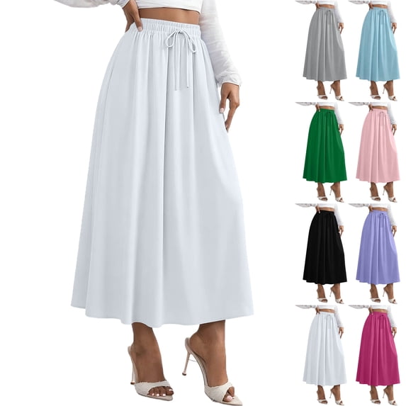 Lenago Skirts for Women Summer Solid Color Loose High Waist A-line Half Body Elastic Waist Drawstring Skirt