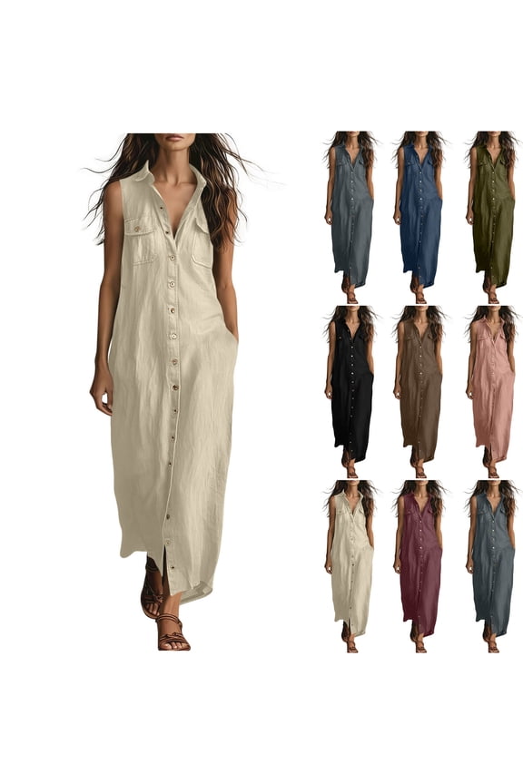 Summer Dresses Women's Solid Color Button-Front Sleeveless Maxi Dress With Collar And Multi Pockets Black L