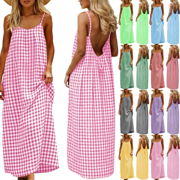 Lenago Summer Dresses for Women Sleeveless Backless Cami Dresses Spaghetti Strap Flowy Long Sundress Withback Beach Vacation Sundresses