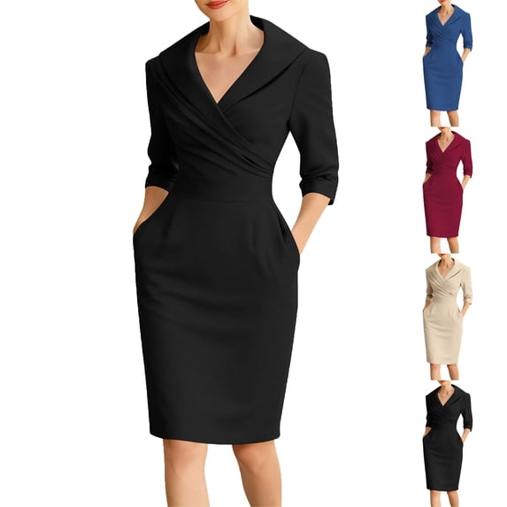 Lenago Summer Dresses for Women Solid Color 3/4 Sleeve V-Neck Dresses Wkior Long Shift