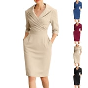 Lenago Summer Dresses for Women Solid Color 3/4 Sleeve V-Neck Dresses Wkior Long Shift