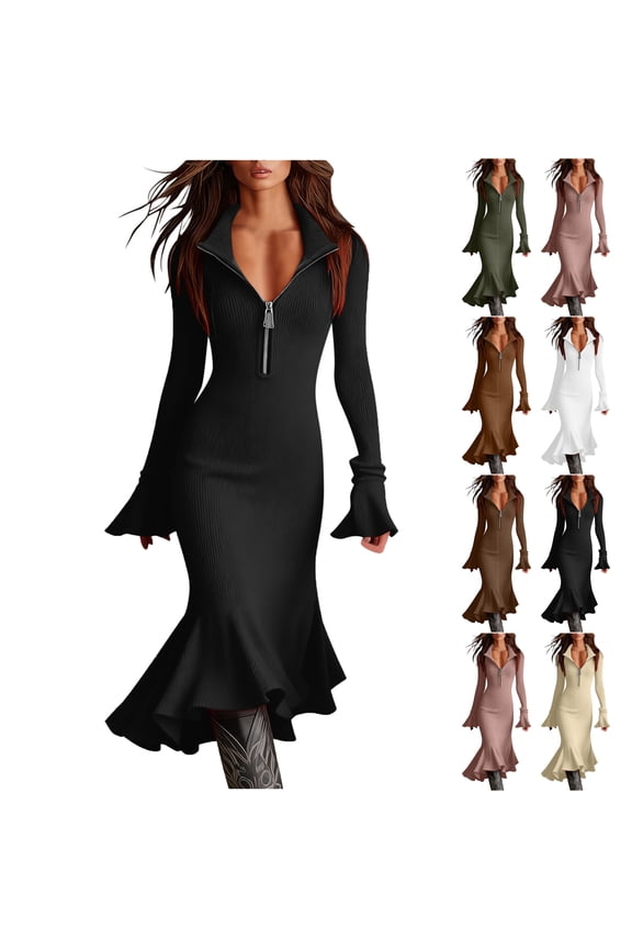 Summer Dresses for Women Solid Color Elegant Chiffon Long Sleeve Half-Zip Flared Sleeve Knit Fishnet Dress Maxi Ruffle Skirt Sweater Dress