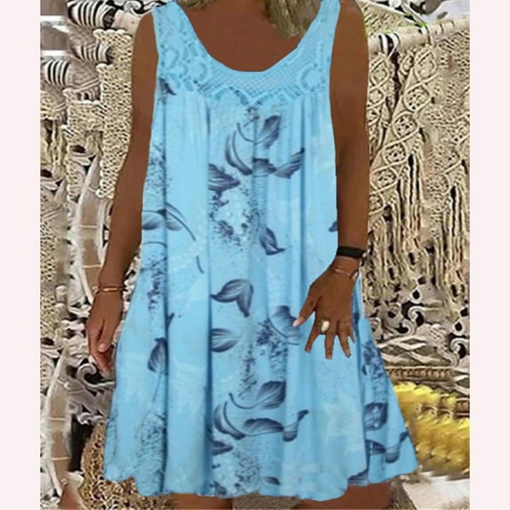 Lenago Summer Dresses for Women Spring/Summer Round Neck Lace Patchwork Printed Loose Sleeveless Dress Casual Dresses S-5XL