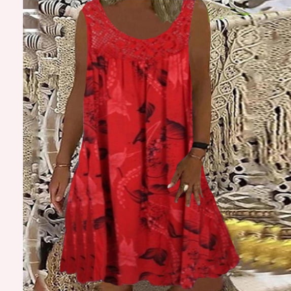Lenago Summer Dresses for Women Spring/Summer Round Neck Lace Patchwork Printed Loose Sleeveless Dress Casual Dresses S-5XL