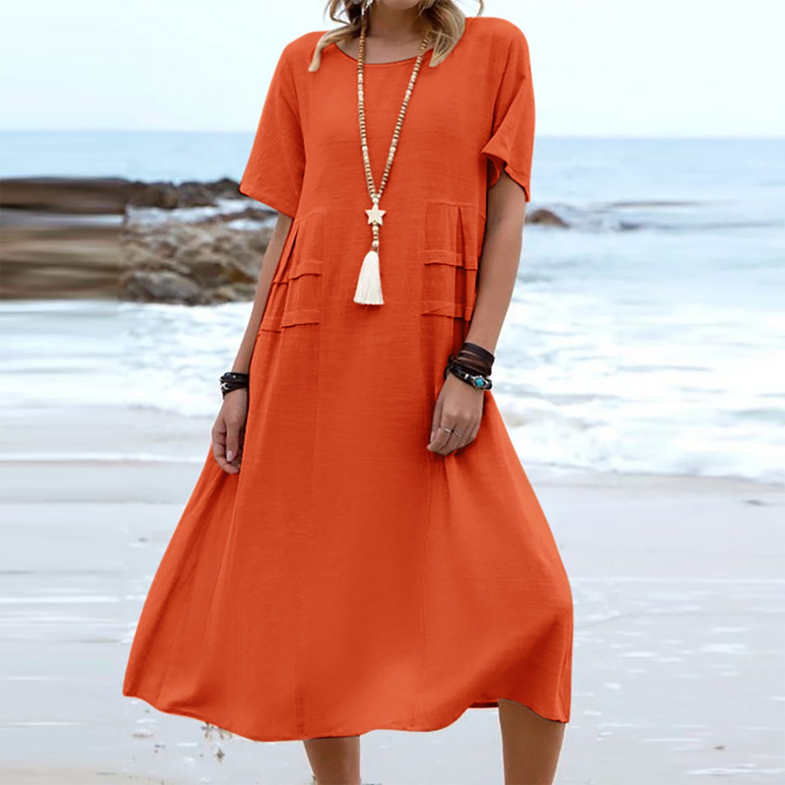 Lenago Summer Dresses for Women Summer Casual Loose Cotton Linen Short  Sleeve Round Neck Dress Short Sleeve Round Neck Dress S-5XL - Walmart.com