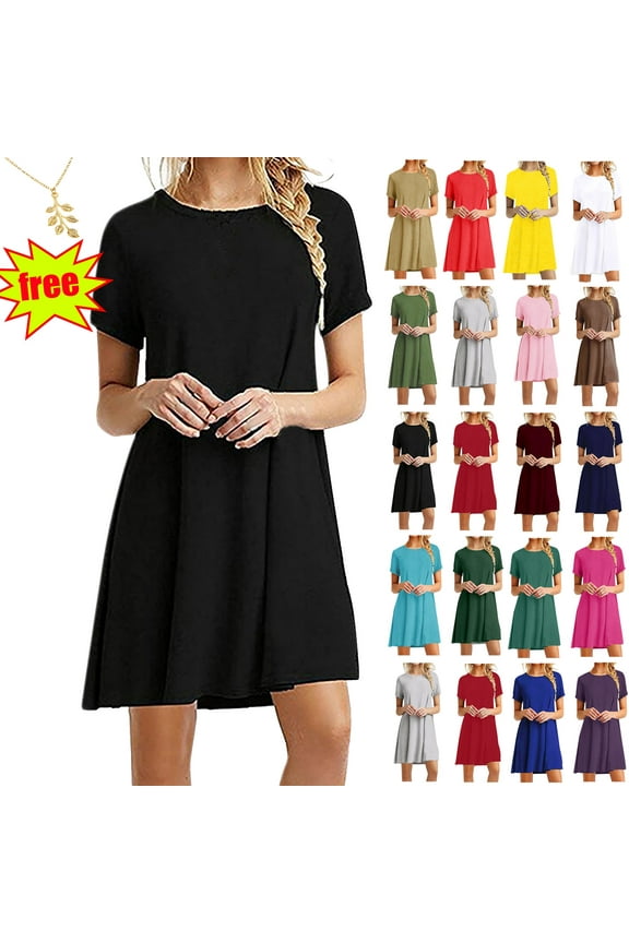 Lenago Summer Dresses for Womens 2025 Crewneck Short Sleeve Casual Standard-Fit Midi Party T-Shirt Dress Wedding Guest Dresses XXL