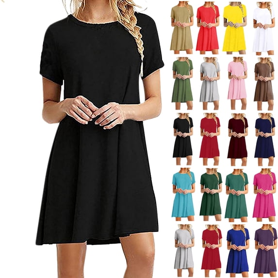 Lenago Summer Dresses for Womens 2025 Crewneck Short Sleeve Casual Standard-Fit Midi Party T-Shirt Dress Wedding Guest Dresses XXL