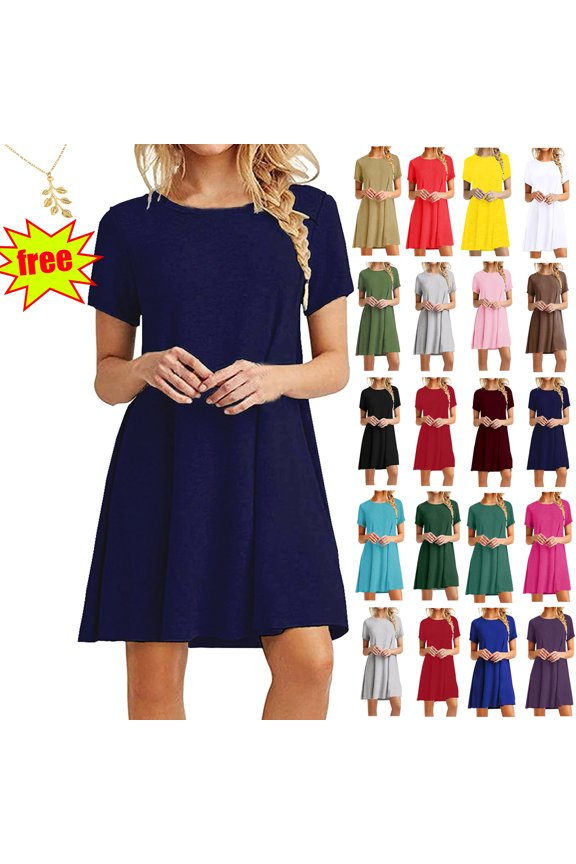 Summer Dresses for Womens 2025 Crewneck Short Sleeve Casual Standard-Fit Midi Party T-Shirt Dress Wedding Guest Dresses S