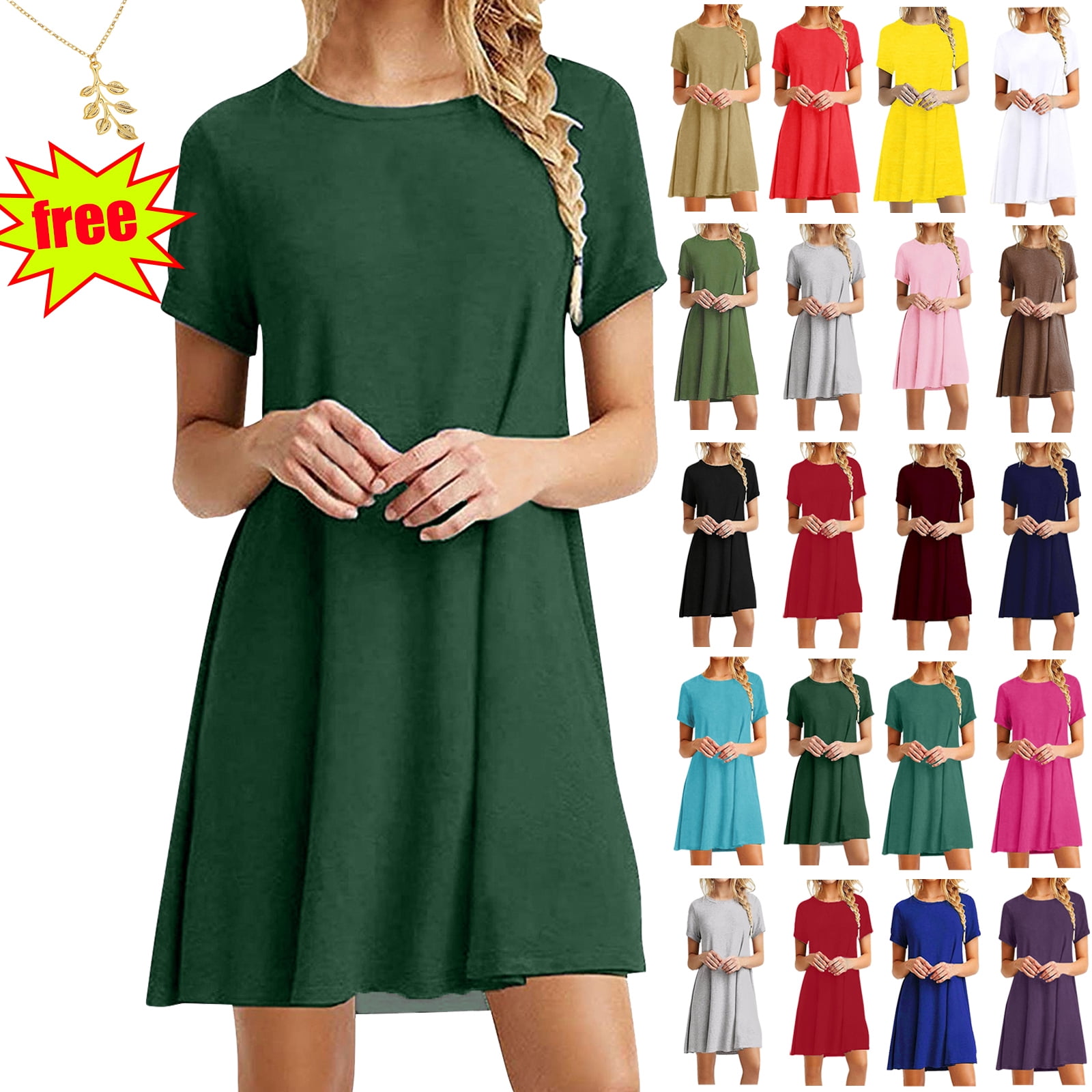 midi casual summer dresses 2022 Lenago Summer Dresses for Womens 2025 Crewneck Short Sleeve Casual Standard-Fit Midi Party T-Shirt Dress Wedding Guest Dresses M
