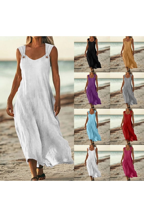 Summer Maxi Dresses for Women Crew Neck Solid Color Dresses with Hidden Zipper Casual Dress Elegant Midi Dress Summer Vacation Party Dress Beach Fashion