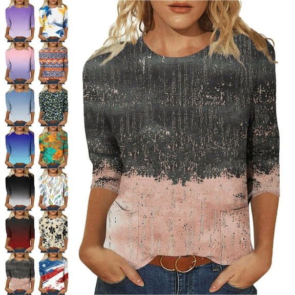 Lenago Summer Tops For Women 3/4 Sleeves Color Matching Crew Neck T Shirt Fashion Loose Comfort Mid-Length Blouse Round Neck Casual Tops Everyday Costume Beach Vacation Shirt For Women (US:4-12)