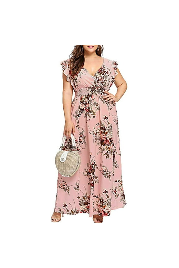 Lenago Summer Womens Plus Size Dresses 2025 Boho Flower Print Maxi Long Dress Deep V-Neck Sleeveless Dresses for Women Party Elegant