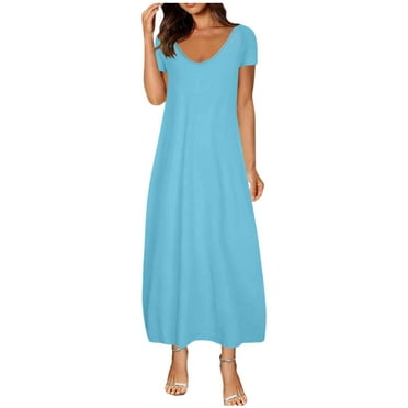 ZKCCNUK Dresses for Women Plus Size Short Sleeve Dresses Flowers Solid Waist Sundress V-Neck Dress Beach Vacation Dress on Clearance