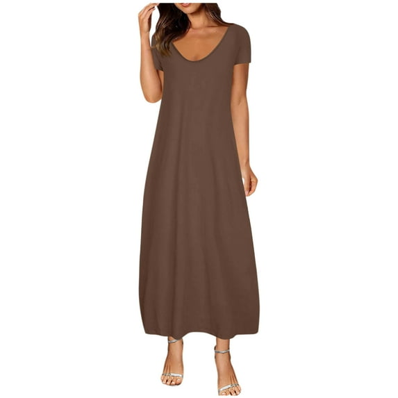 ZKCCNUK Women's Summer Maxi Dress Solid Short Sleeve Round Neck Long Dress Boho Beach Dresses Casual Sundresses