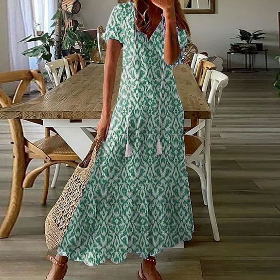 ZKCCNUK Sun Dresses for Women Plus Size Fashion Casual Spring And Summer V-neck Short Sleeve Printed Dress Beach Flowy Long Dress