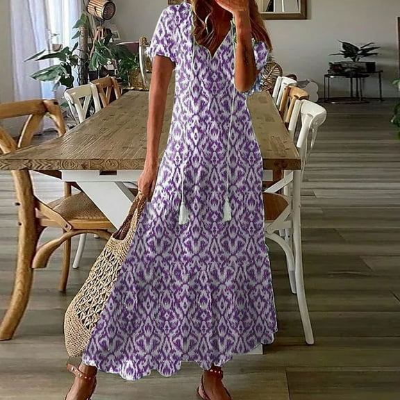 Lenago Sun Dresses for Women Plus Size Fashion Casual Spring And Summer V-neck Short Sleeve Printed Dress Beach Flowy Long Dress
