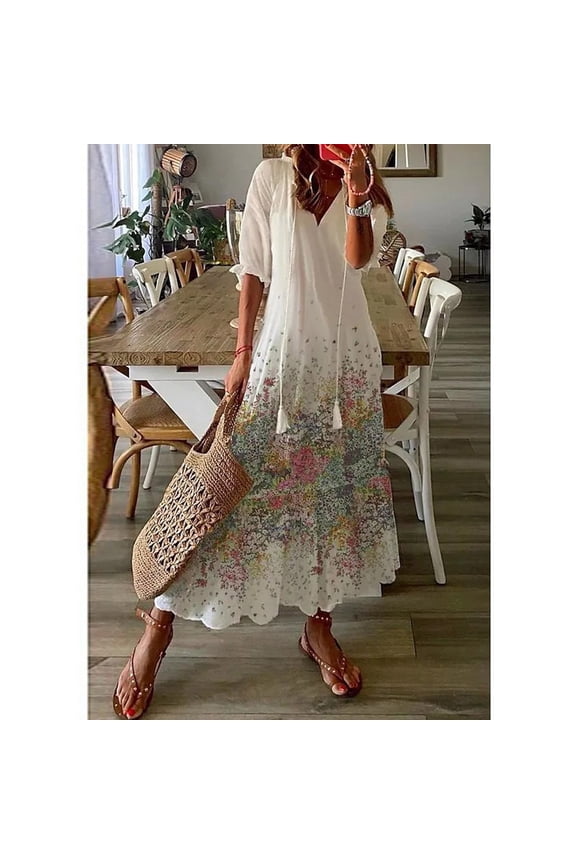 Lenago Sun Dresses for Women Plus Size Fashion Casual Spring And Summer V-neck Three-quarter Sleeve Printed Dress Beach Flowy Long Dress