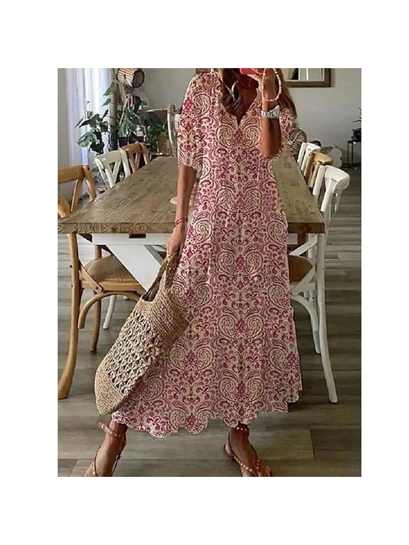 Sun Dresses for Women Plus Size Fashion Casual Spring And Summer V-neck Three-quarter Sleeve Printed Dress Beach Flowy Long Dress