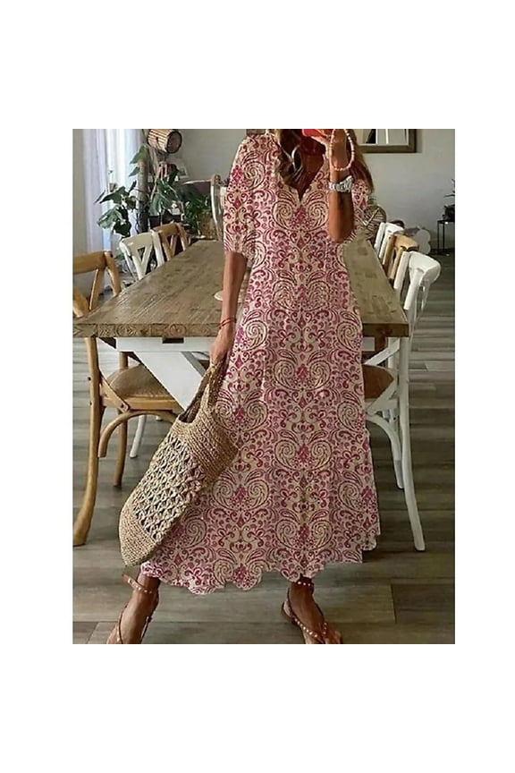 Lenago Sun Dresses for Women Plus Size Fashion Casual Spring And Summer V-neck Three-quarter Sleeve Printed Dress Beach Flowy Long Dress