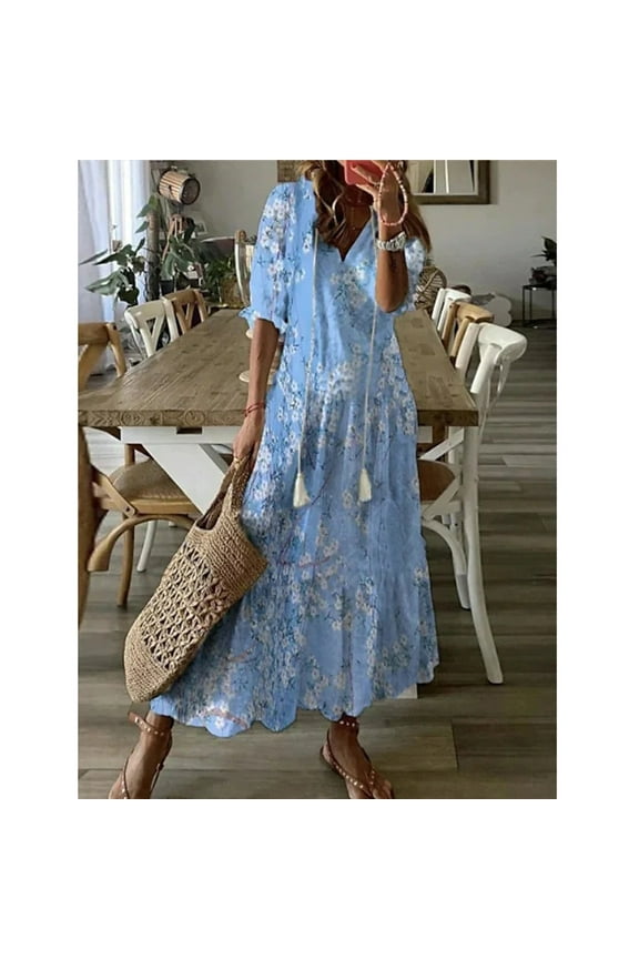 Lenago Sun Dresses for Women Plus Size Fashion Casual Spring And Summer V-neck Three-quarter Sleeve Printed Dress Beach Flowy Long Dress