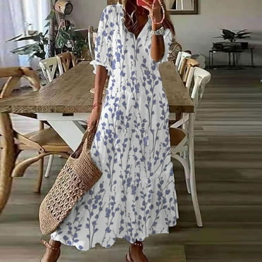 Lenago Sun Dresses for Women Plus Size Fashion Casual Spring And Summer V-neck Three-quarter Sleeve Printed Dress Beach Flowy Long Dress on Clearance