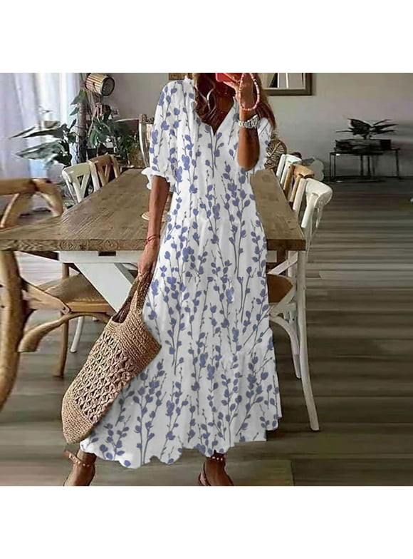Lenago Sun Dresses for Women Plus Size Fashion Casual Spring And Summer V-neck Three-quarter Sleeve Printed Dress Beach Flowy Long Dress on Clearance