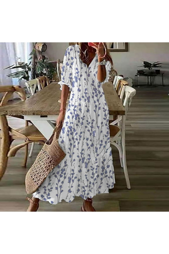 Lenago Sun Dresses for Women Plus Size Fashion Casual Spring And Summer V-neck Three-quarter Sleeve Printed Dress Beach Flowy Long Dress