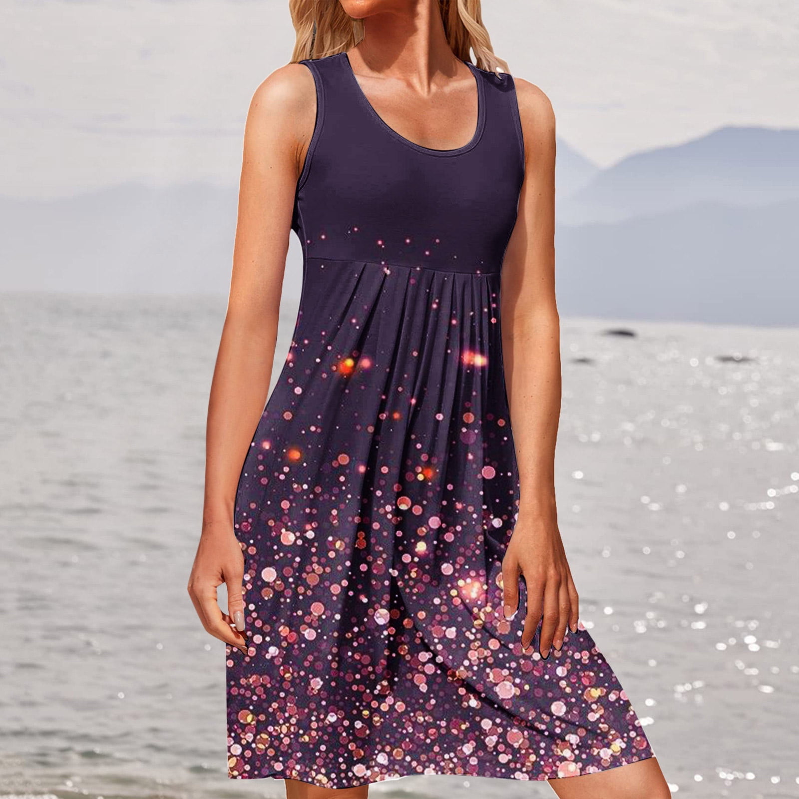 Lenago Sun Dresses for Women Plus Size Fashion Sleeveless Rounk Neck