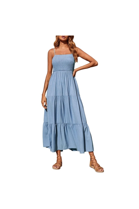 Sundress for Women Plus Size Bohemian Spaghetti Strap Smocked Tiered Long Beach Sun Dresses Sleeveless Solid Maxi Dress Beach Bohemian Dress