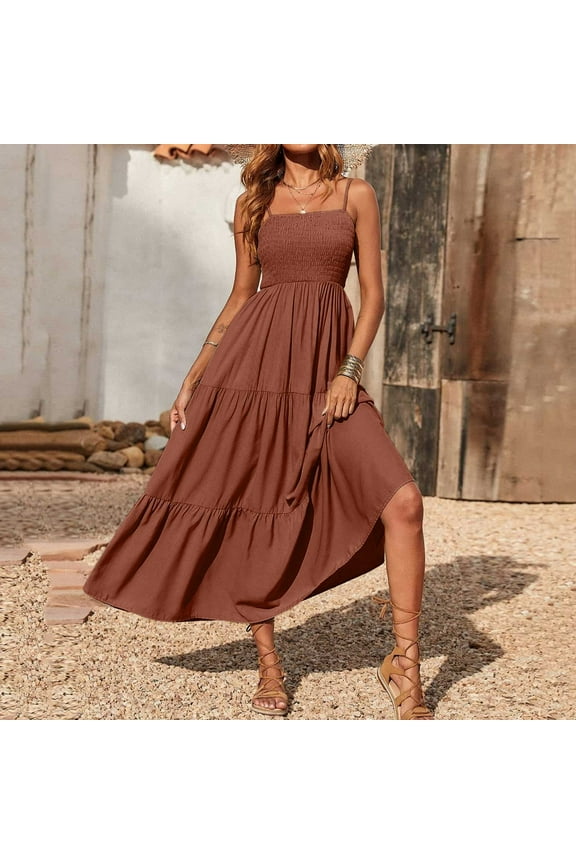Lenago Sundress for Women Plus Size Bohemian Spaghetti Strap Smocked Tiered Long Beach Sun Dresses Sleeveless Solid Maxi Dress Beach Bohemian Dress