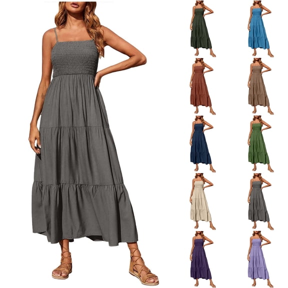 ZKCCNUK Sundress for Women Plus Size Bohemian Spaghetti Strap Smocked Tiered Long Beach Sun Dresses Sleeveless Solid Maxi Dress Beach Bohemian Dress