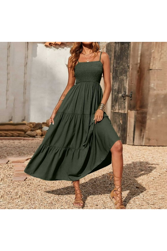 Sundress for Women Plus Size Bohemian Spaghetti Strap Smocked Tiered Long Beach Sun Dresses Sleeveless Solid Maxi Dress Beach Bohemian Dress