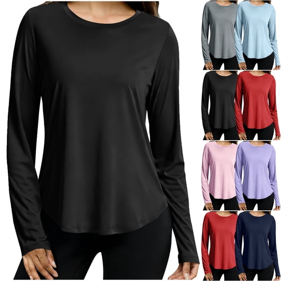 Lenago Sweatshirt for Women Solid Color Round Neck Workout Tops Long Sleeve Shirts With Sun Protection Trendy Spring Summer Tees Women Blouses